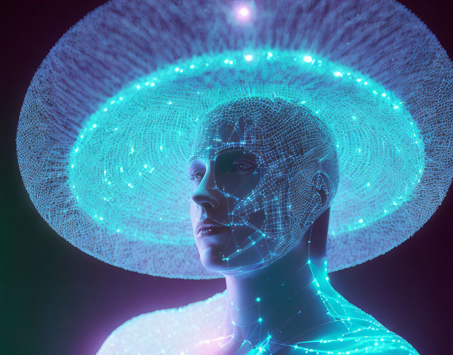 Digital human head with glowing neon mesh and circular halo on dark background