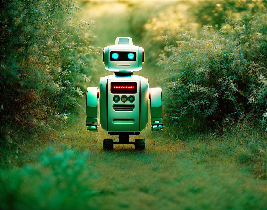 Vintage Toy Robot Standing in Greenery Path under Soft Sunlight