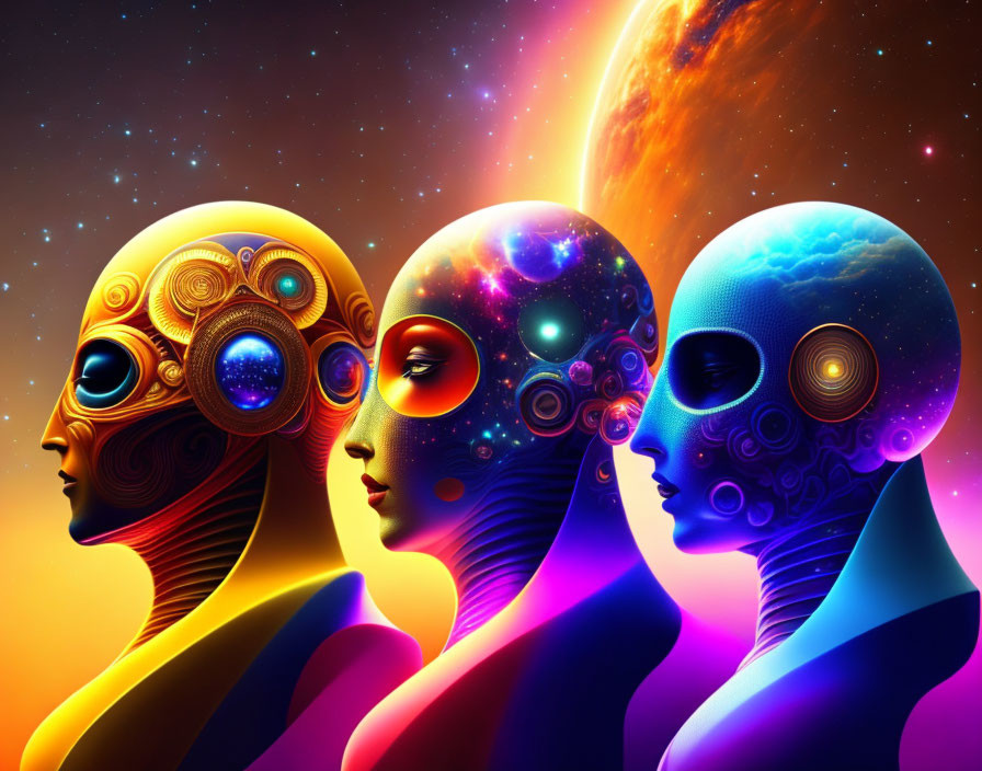 Colorful humanoid figures with celestial and mechanical elements on cosmic backdrop.