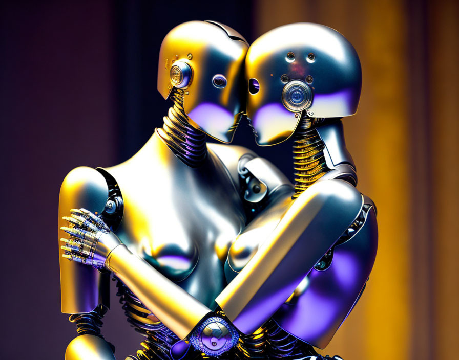 Shiny metallic humanoid robots in gentle embrace