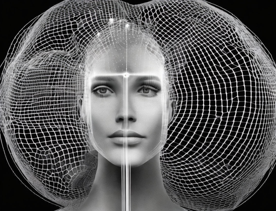 Monochromatic image: Woman's face in portrait and wireframe mesh split