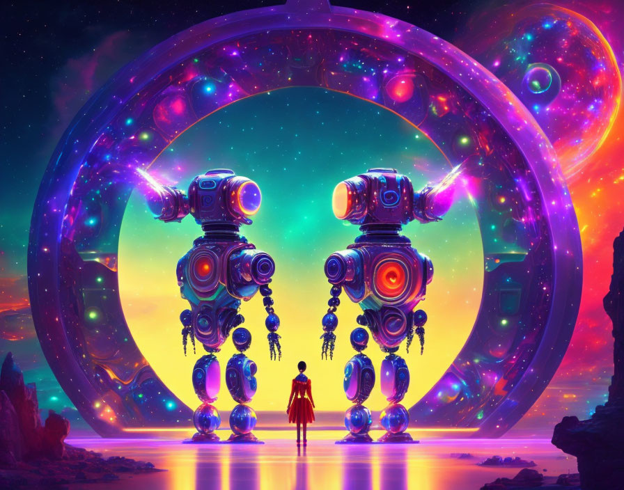 Person in Vibrant Sci-Fi Landscape with Large Robots and Cosmic Portal