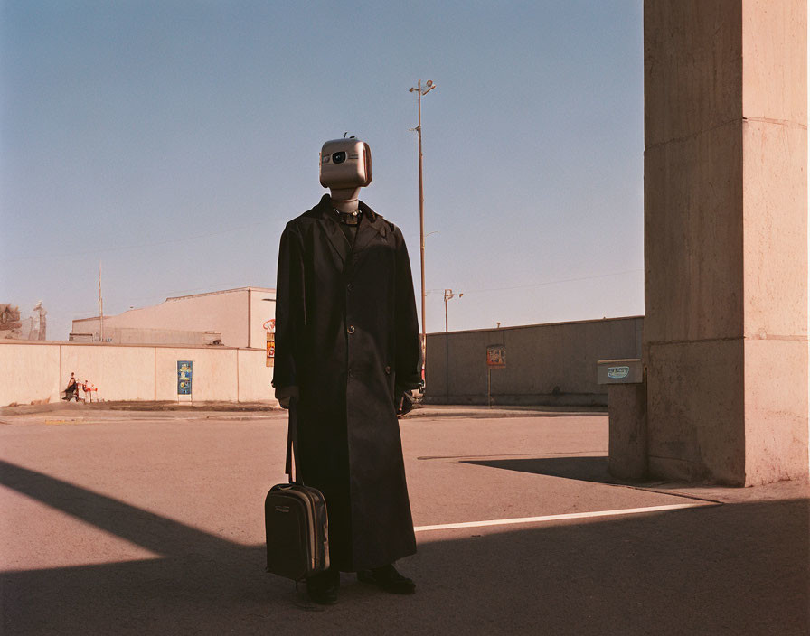 Vintage TV-headed person in trench coat with suitcase in empty lot