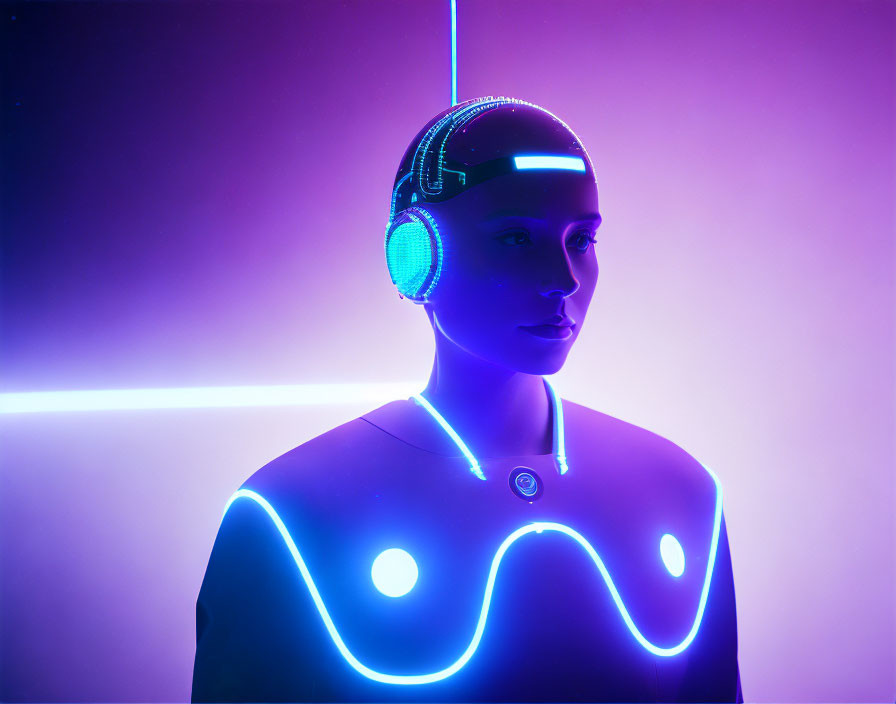 Neon-lit humanoid robot portrait on purple background