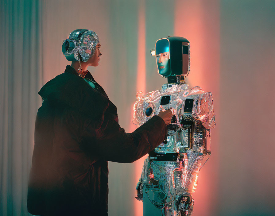 Futuristic person inspecting transparent humanoid robot in red-lit room