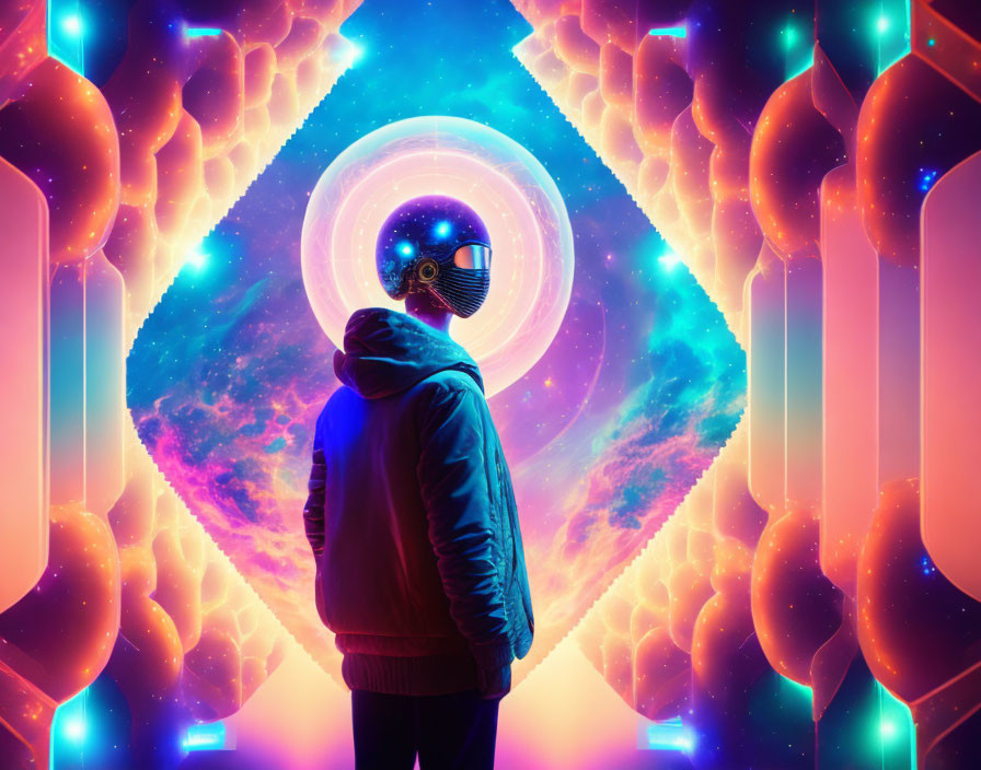 Futuristic helmeted figure at glowing portal with neon patterns