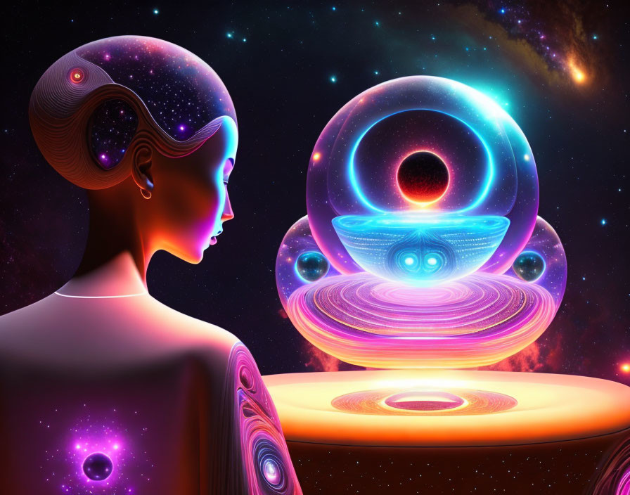 Digital artwork: Woman with cosmic patterns gazing at futuristic orb in starry galaxy