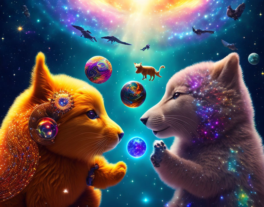 Whimsical digital art featuring fox and wolf in cosmic scene