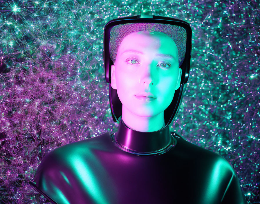 Metallic humanoid robot with realistic face on rainbow background