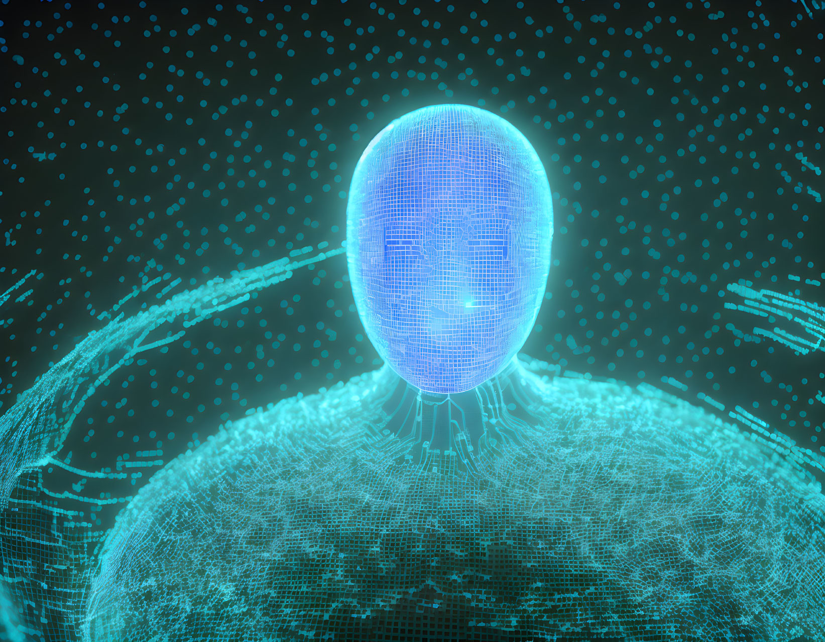 Digital graphic: Humanoid face in sphere with data connection lines on binary code background