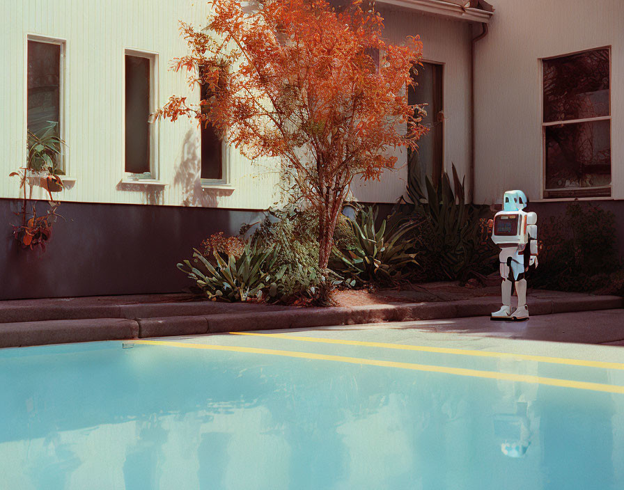 Humanoid robot near autumn tree and white building.