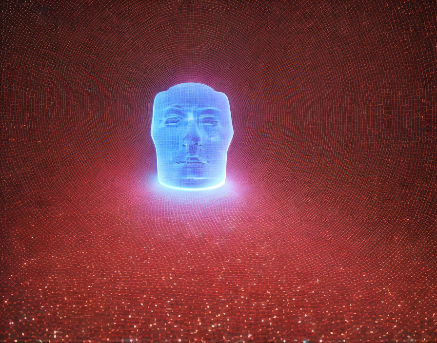 Blue 3D holographic head on red illuminated mesh background