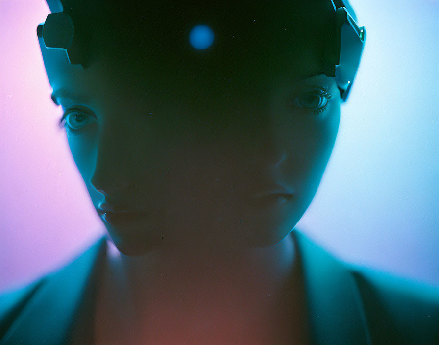 Close-up of person in futuristic headset with neon blue and pink lighting