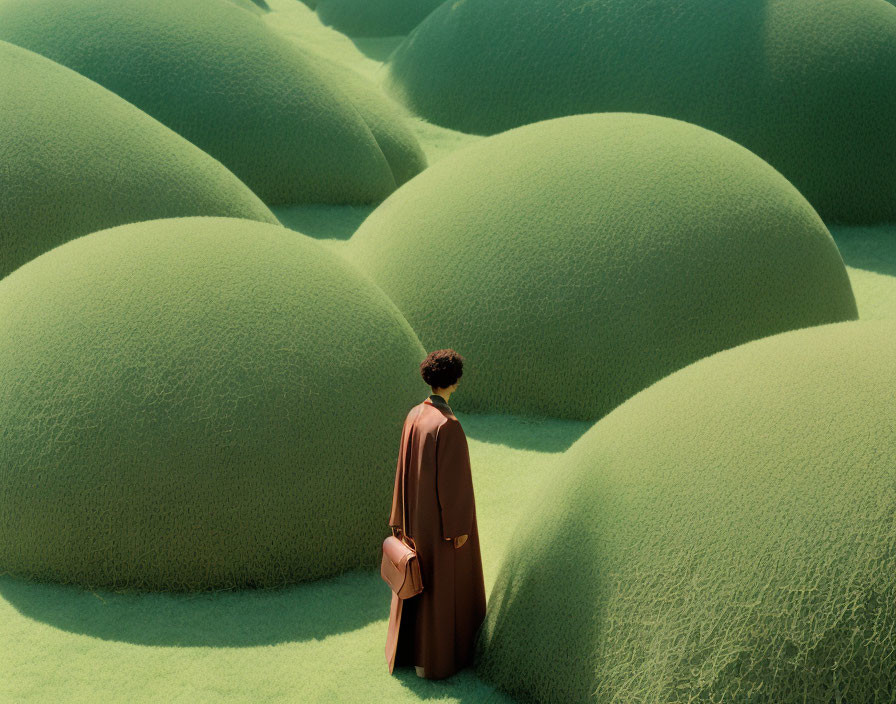 Person in Brown Cloak with Briefcase Surrounded by Green Spherical Bushes