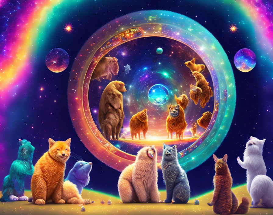 Vibrant cosmic scene with cats and larger animals in circle, surrounded by celestial bodies