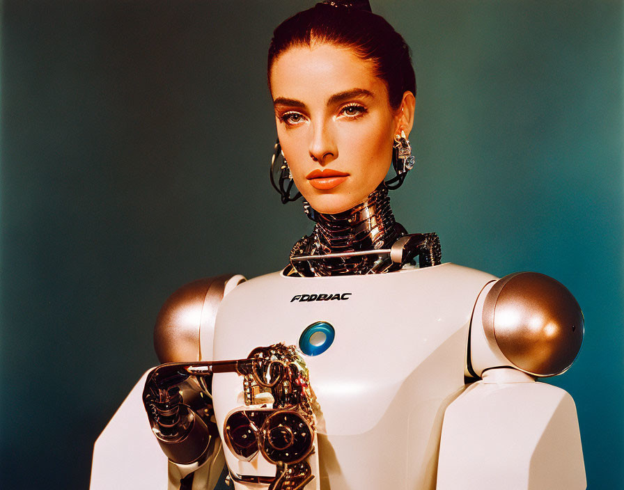 Female humanoid robot with earrings and neckpiece holds smaller robot on blue backdrop