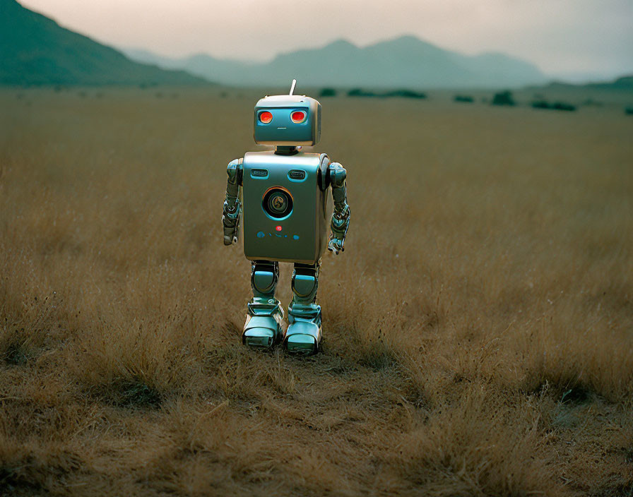 Retro-styled robot in grassy field at twilight