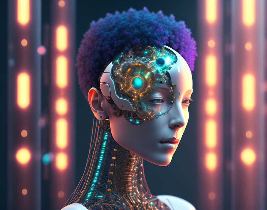 Android with exposed circuitry and afro against glowing lights