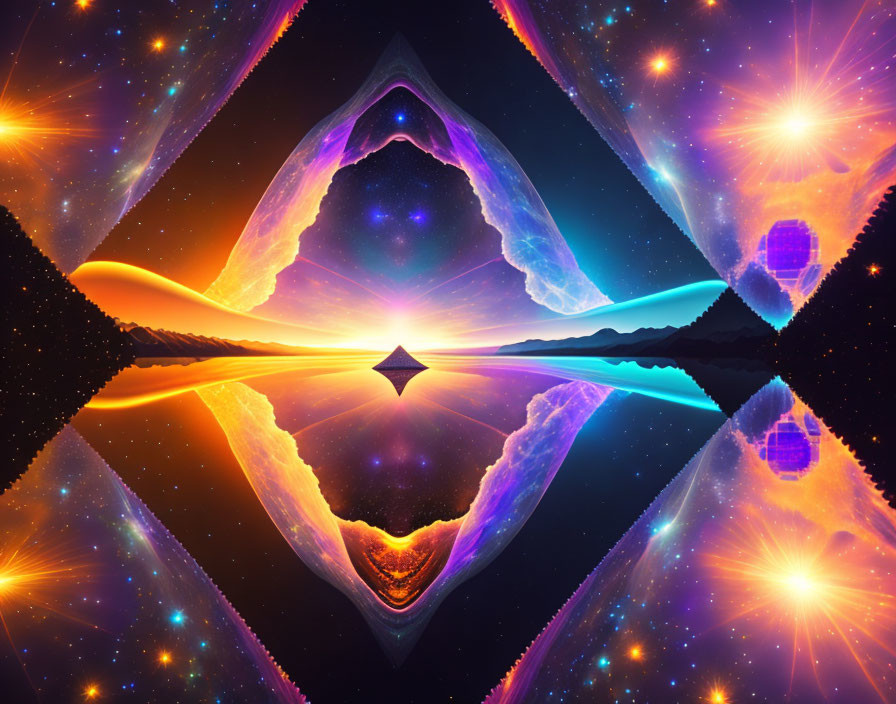 Symmetrical cosmic shapes with radiant star in mountain landscape