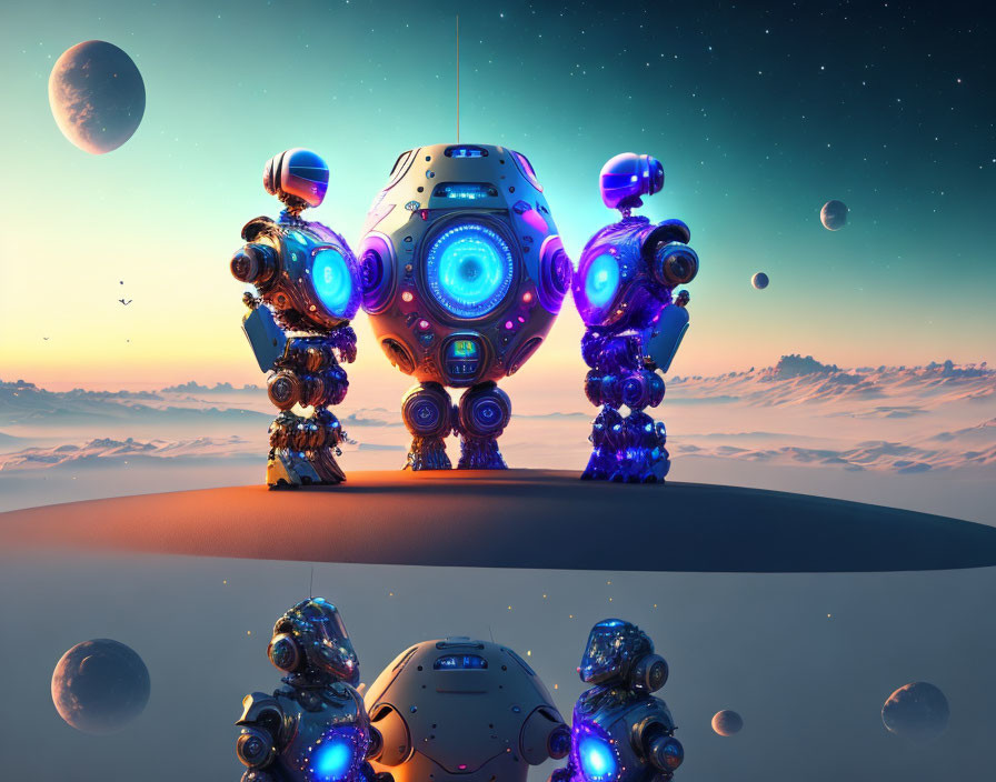 Futuristic robots with glowing blue lights around central structure above clouds.