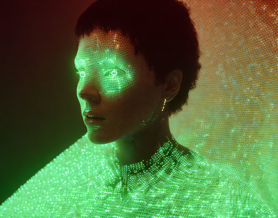 Short-haired individual bathed in futuristic green light grid.