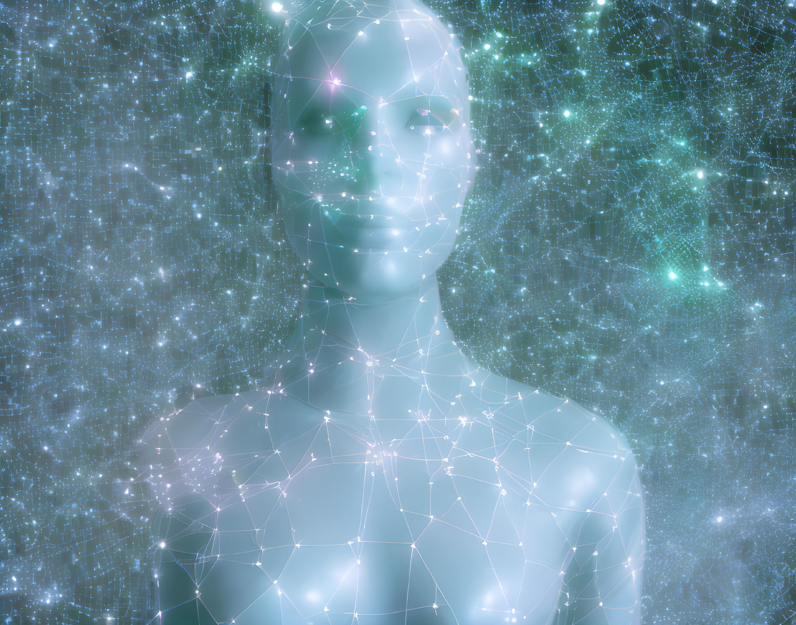 Digital humanoid figure with connected lines on glowing particle background.