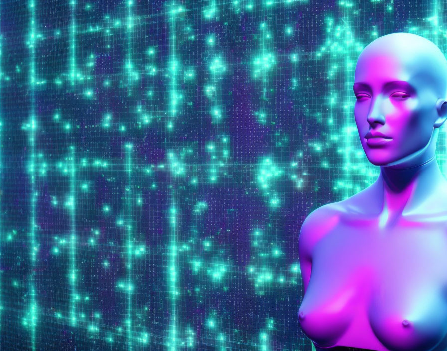 Neutral expression mannequin figure on digital backdrop with glowing particles