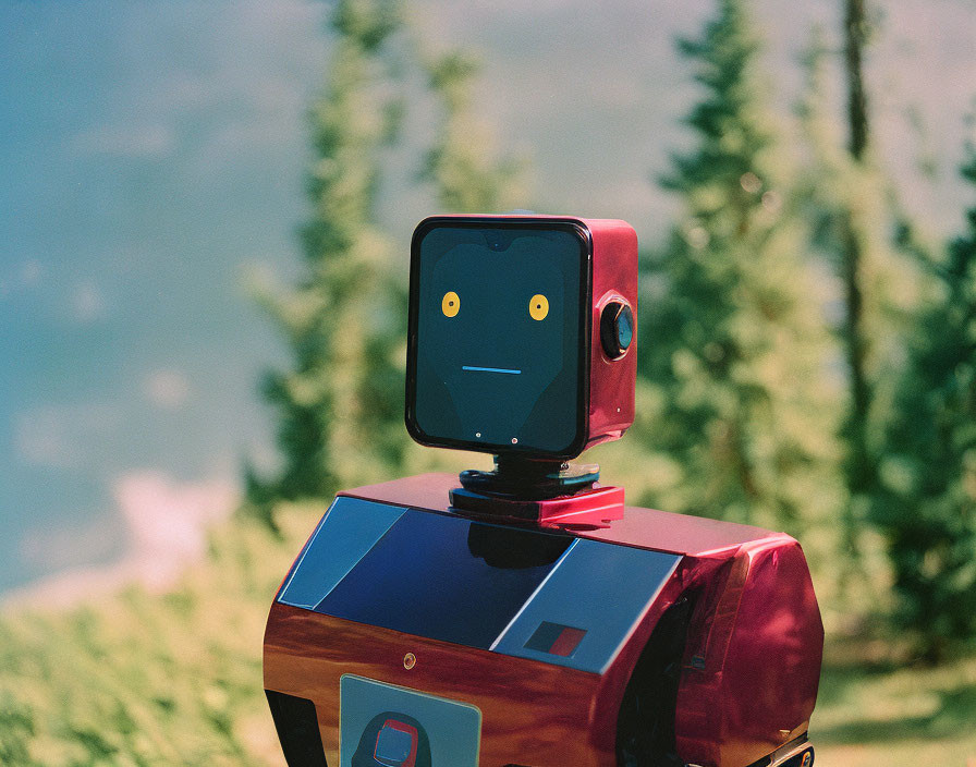 Red Robot with Digital Face and Yellow Eyes in Nature Setting