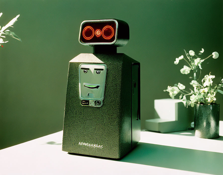 Anthropomorphic robot with red glowing eyes on table with plants