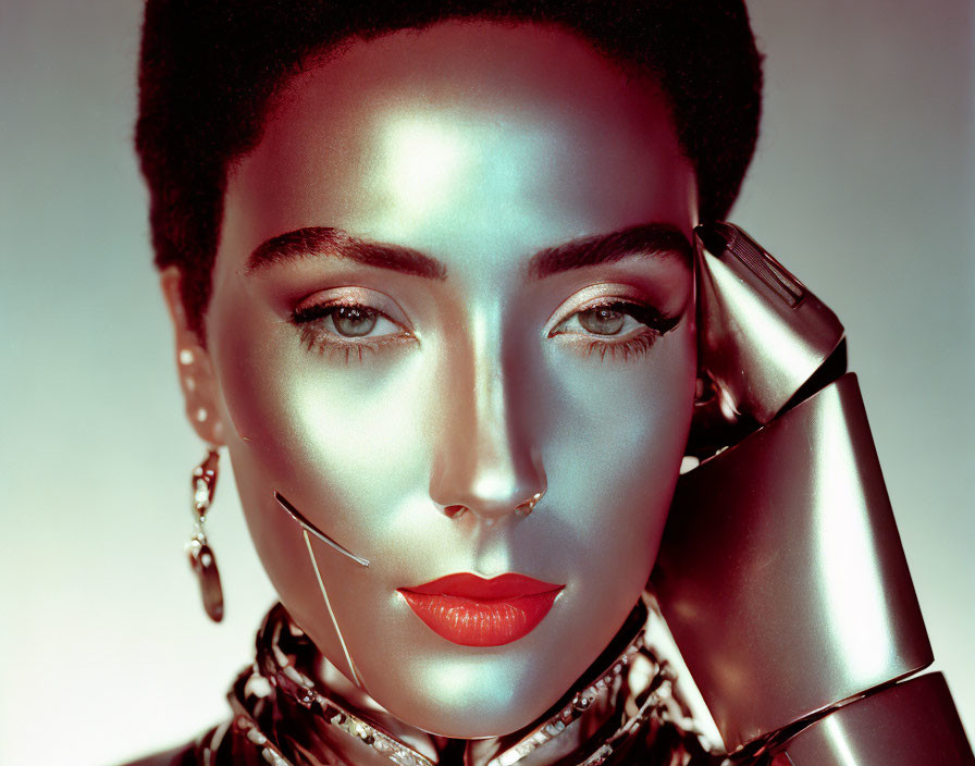 Person with Stylized Makeup and Avant-Garde Fashion on Toned Background