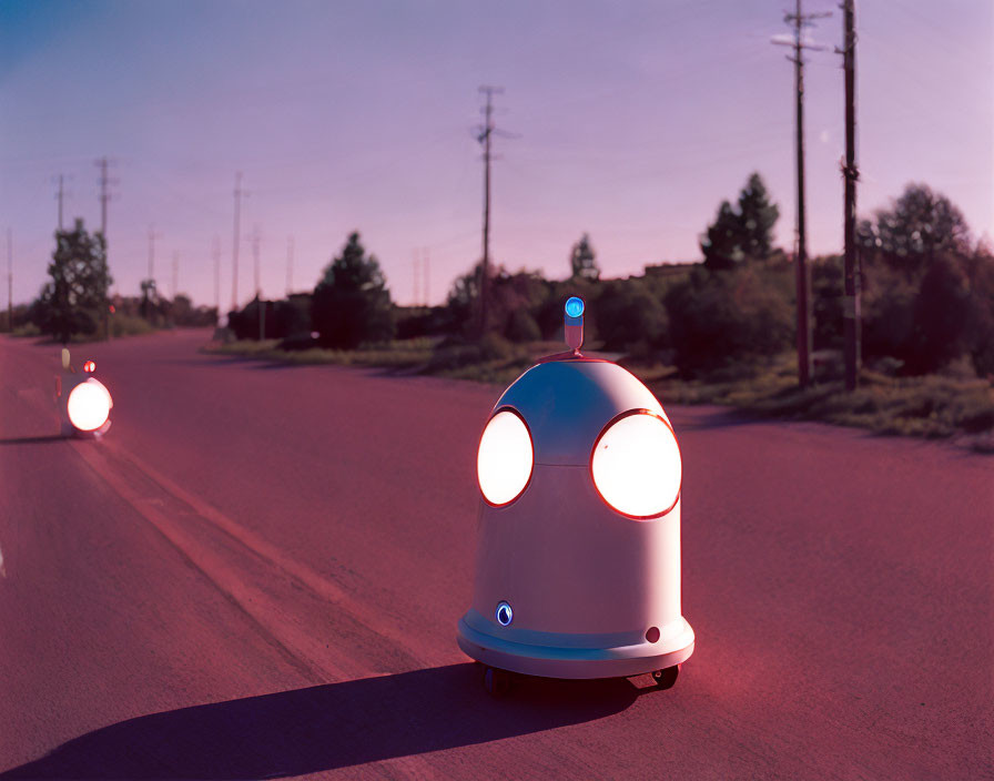 Autonomous robotic delivery vehicle with glowing pink-purple "eyes" on suburban road.