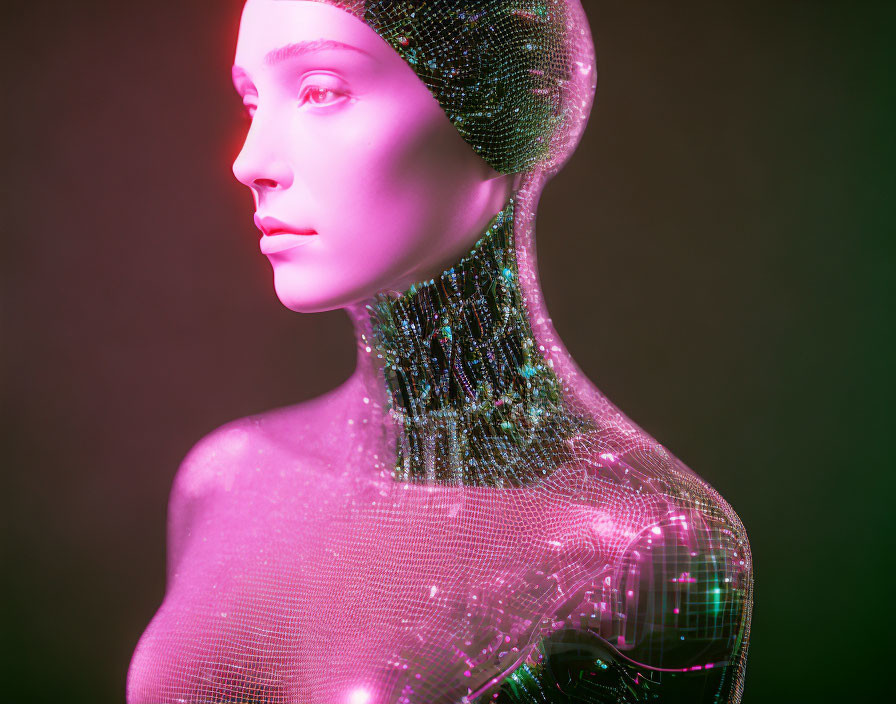 Futuristic humanoid figure with translucent, sparkling texture in pink and green hues