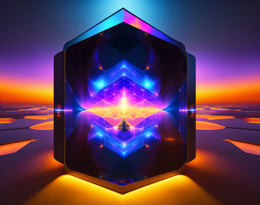 Symmetrical neon crystal art on vibrant gradient background