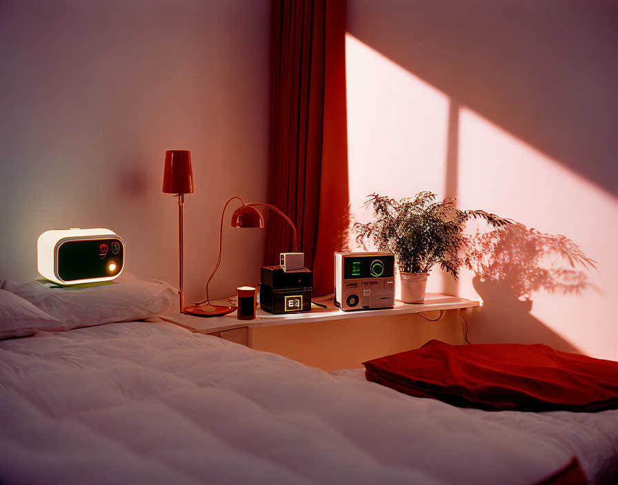 Warmly lit bedroom scene at dusk with digital clock, potted plant, books, and electronics on