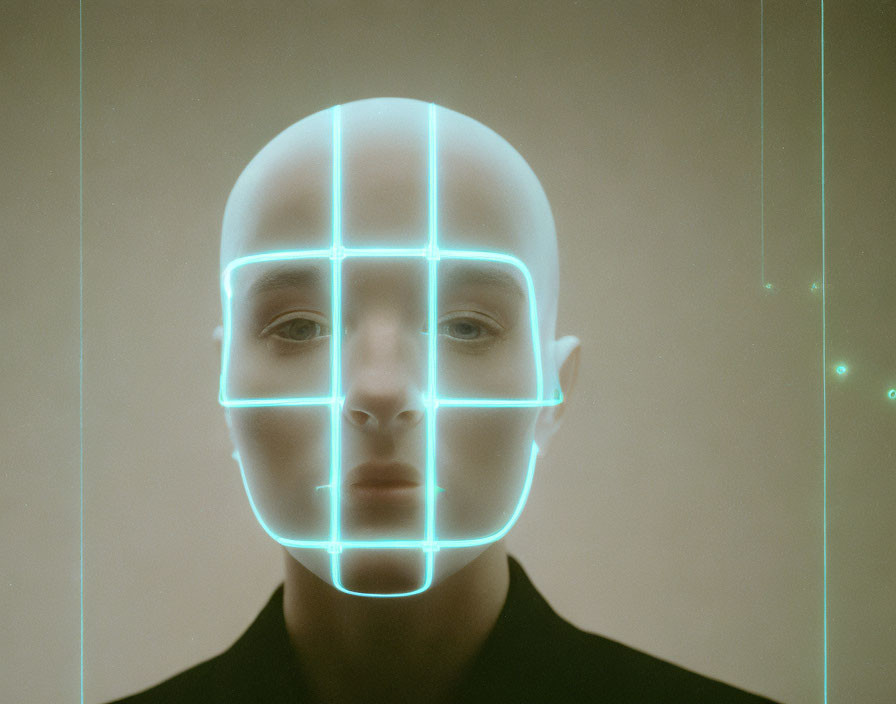 Neon blue gridlines on a person's face for digital facial mapping