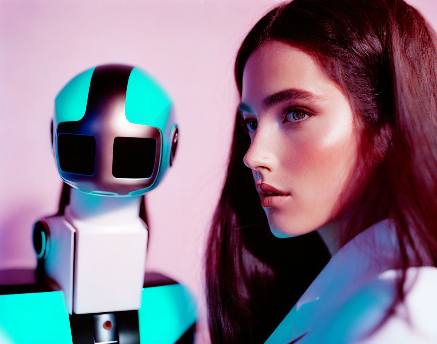 Robot with smooth, rounded head beside woman with long dark hair on pinkish background.