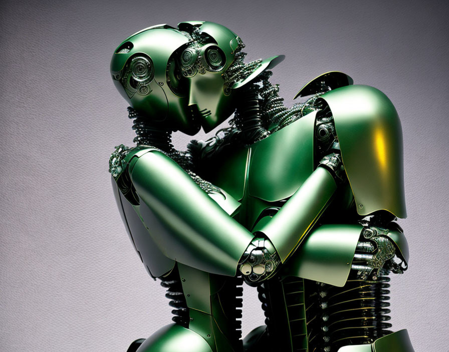 Detailed humanoid robots embrace on gradient backdrop.