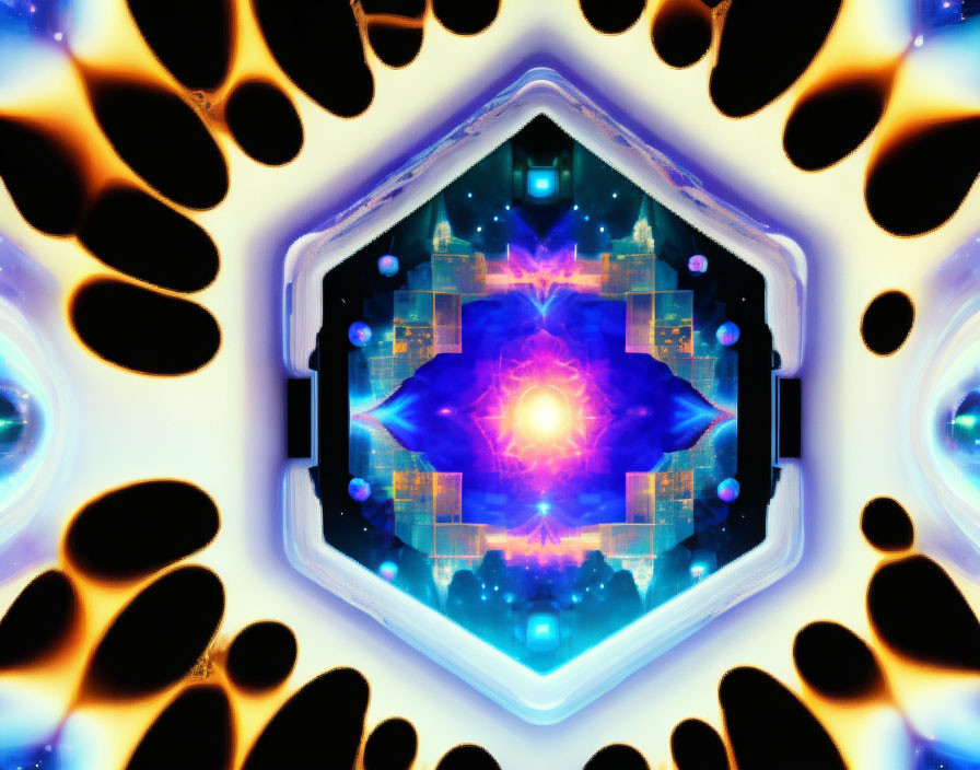 Symmetrical digital art: Glowing orb, fiery borders, star pattern