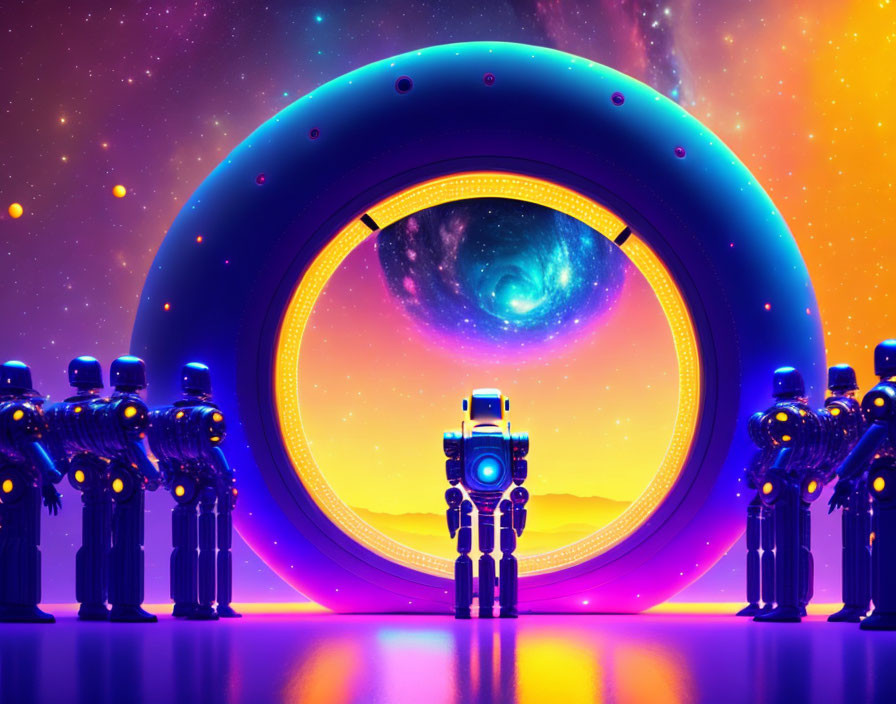 Futuristic robots by swirling galaxy portal in vivid purple and orange hues