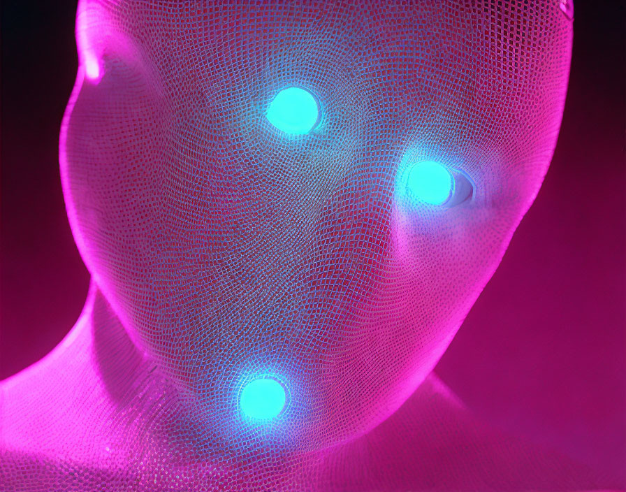 Mannequin head with patterned mesh under pink and blue lights