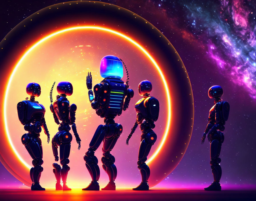 Stylized robots in cosmic setting with glowing orange ring