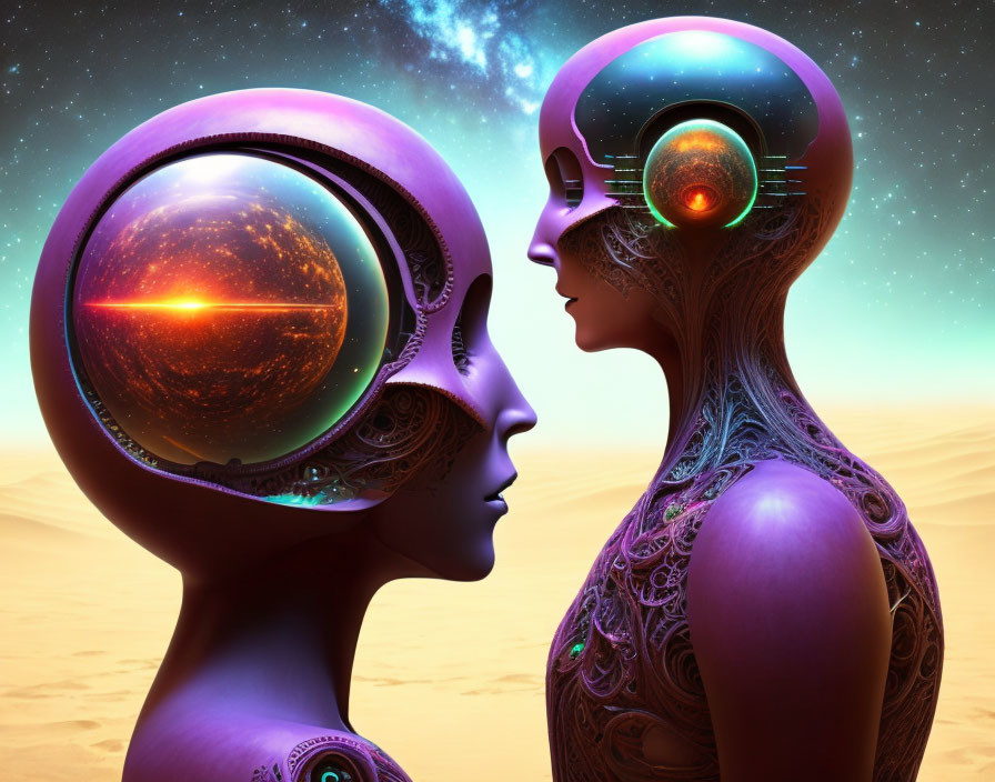 Futuristic humanoid figures with transparent craniums in cosmic setting