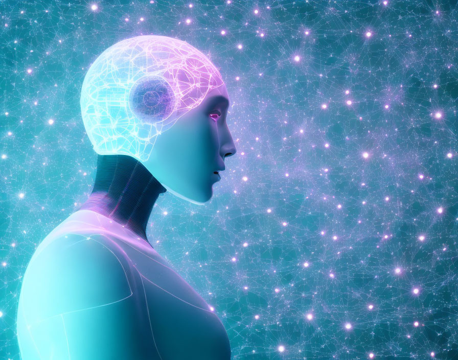 Humanoid with Digital Brain and Neural Network Connections on Sparkling Cyan Background