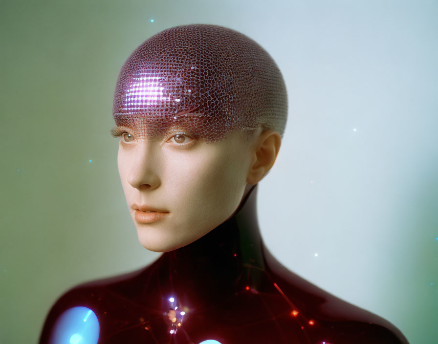 Mesh-covered humanoid figure with glossy black neck on soft-focus background.