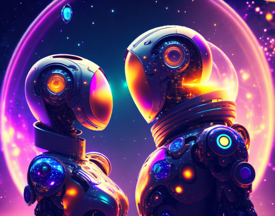 Futuristic robots with orange eyes in cosmic setting