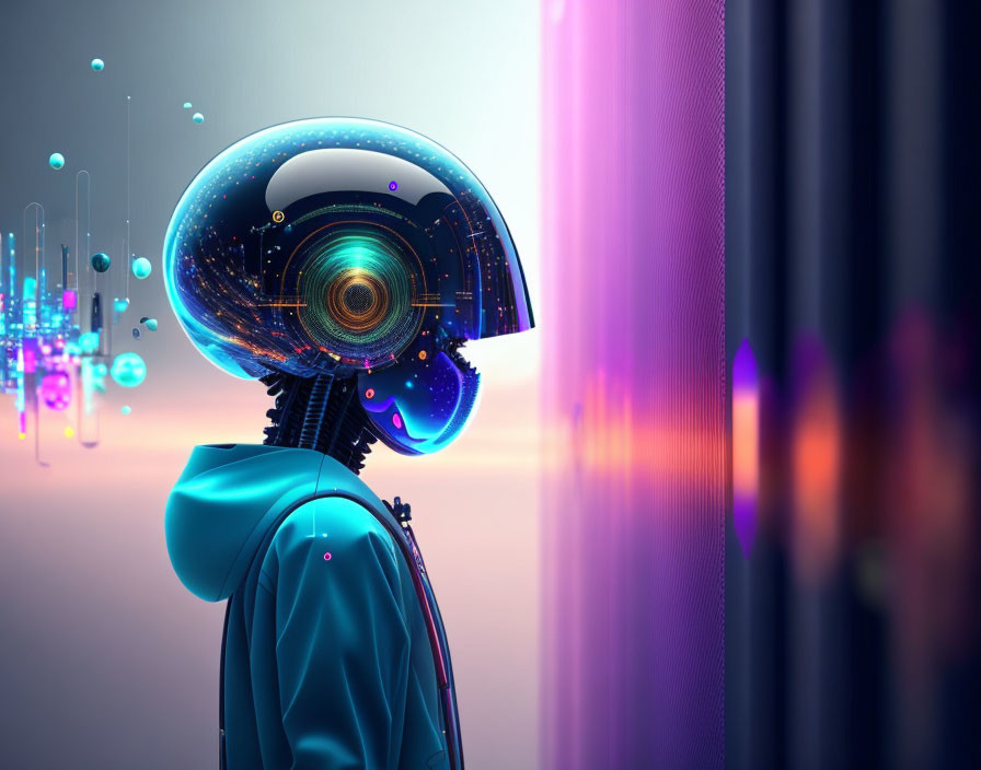 Futuristic humanoid with digital helmet and neon lights on gradient background