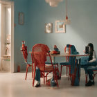 Bright sunlit room with light blue walls, white desk, red chair, plants, and modern décor