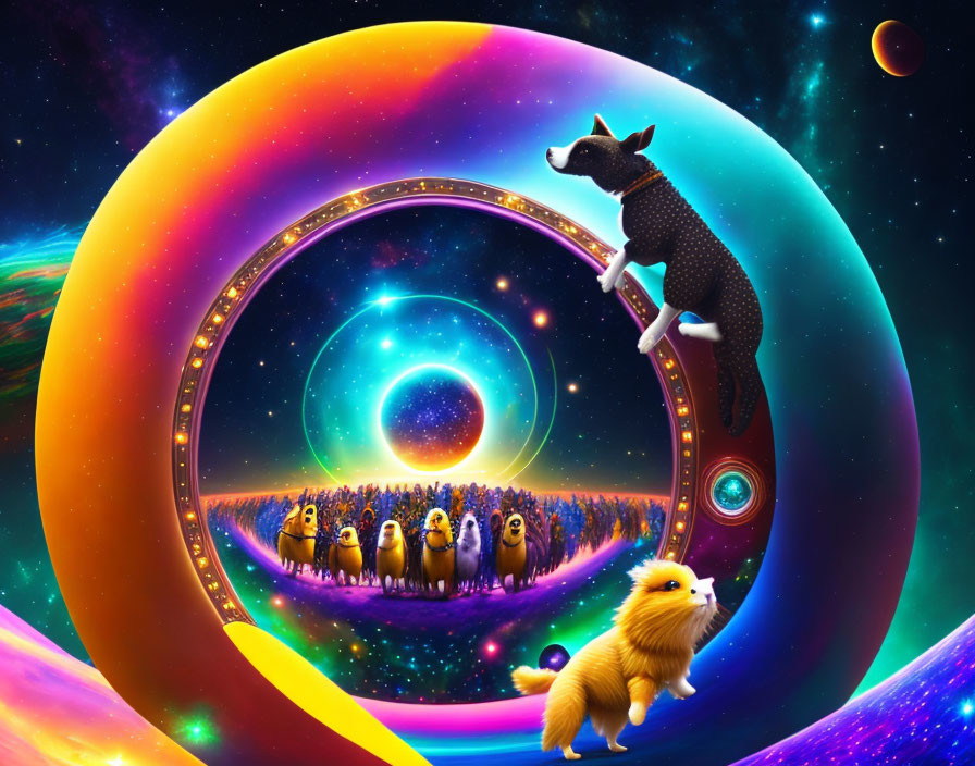 Surreal cosmic scene with ring structure, dogs in spacesuits, and costumed figures