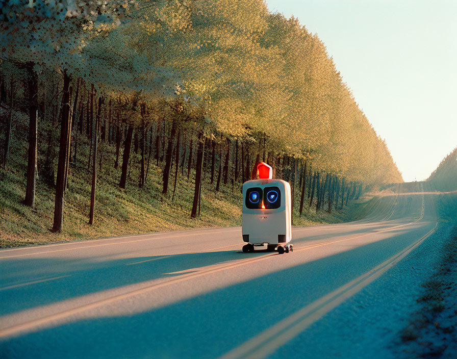 Small Robot with Blue Eyes and Red Siren on Road Surrounded by Trees in Golden Light