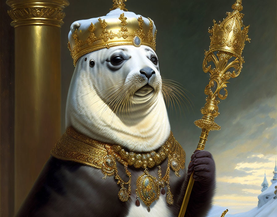 Regal anthropomorphic seal in crown and attire